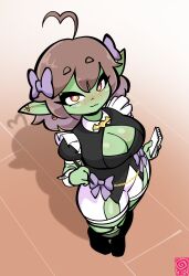 1girls big_breasts breasts brown_hair cleavage clothed clothing eyebrows_visible_through_hair female goblin goblin_female green-skinned_female green_skin high-angle_view jek_korpen looking_up maid piercing podge solo tagme