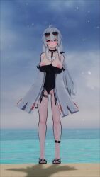 1girls 3d alternate_breast_size blush breasts_out exhibitionism feet large_breasts no.21 outdoors ovel pale-skinned_female pale_skin punishing:_gray_raven robot_girl sandals solo standing sunglasses sunglasses_on_head swimsuit_aside white_eyes white_hair