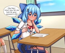 baka blue_hair blush bra bribe cirno classroom flashing hard_translated sonifuu touhou wings