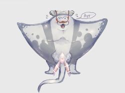 :3 anthro anus batoid big_man_(splatoon) blush canned_mackerel_(pixiv) claspers embarrassed erection fish genitals grey_body hi_res humor male male_only manta_ray marine nintendo nude penis solo speckled_body splatoon text video_games