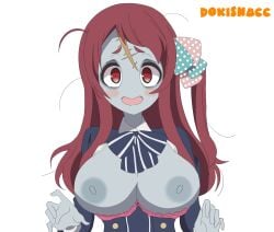 accurate_art_style blue_nipples blue_skin blush bow bra dokisnacc female female_only minamoto_sakura nipples official_style open_clothes red_hair ribbon scar sweat zombie zombie_girl zombie_land_saga