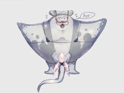 :3 anthro anus batoid big_man_(splatoon) bikini blush canned_mackerel_(pixiv) claspers clothed clothing crossdressing embarrassed fish genitals grey_body hi_res humor male male_only manta_ray marine micro_bikini nintendo penis solo speckled_body splatoon swimwear text video_games