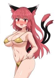 2_tails :d alternate_hairstyle animal_ears bikini blush breasts cat_ears cat_tail chups female hair_down highres large_breasts long_hair multi_tail navel open_mouth red_eyes red_hair rin_kaenbyou smile solo sweat swimsuit tail touhou yellow_bikini