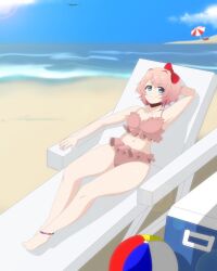 1girls anklet beach beach_ball beachball blue_eyes bow cooler doki_doki_literature_club female female_only frilled_bikini fuolal looking_at_viewer ocean pink_swimsuit red_bow sand sayori_(doki_doki_literature_club) seagull sitting smile smiling smiling_at_viewer swimsuit water