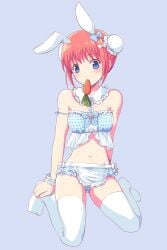 alternate_costume armband bare_midriff blue_eyes bun_cover bunny_ears bunny_girl carrot detached_collar double_bun female female_only frills full_body ginkamiaki gintama hair_ornament hairbow kagura_(gintama) lingerie looking_at_viewer miniskirt orange_hair solo thighhighs waist_apron wariza white_legwear white_thighhighs wrist_cuff zettai_ryouiki