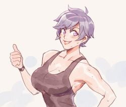 armpits big_breasts cleavage collarbone jane_(snow_daze) muscular_female post_workout short_hair smile smiling smiling_at_viewer snow_daze sweating tagme thick thumbs_up tight_clothing tomboy very_short_hair voluptuous workout workout_clothes