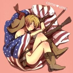 1boy alfred_jones america_(hetalia) american_flag axis_powers_hetalia belt blonde_hair blue_eyes boots cowboy cowboy_boots cowboy_hat cowboy_western femboy footwear full_body gloves gun handwear headwear human male male_focus navel neckerchief nude pale_skin tomako twink