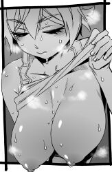 big_breasts blush canon_genderswap chokukame cleavage closed_eyes female female_only genderswap_(mtf) ginko_sakata gintama gintoki_sakata hanging_breasts monochrome no_bra rule_63 shirt_lift short_hair solo sweat tank_top upper_body