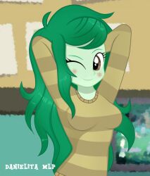 1girls 2022 adorable arms_behind_head artist_name breasts brown_eyes cute equestria_girls female female_only friendship_is_magic green_hair hasbro long_hair looking_at_viewer medium_breasts my_little_pony my_little_pony_friendship_is_magic one_eye_closed pose posing smile solo solo_female sweater wallflower_blush_(eg) wink