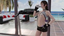 16:9_aspect_ratio 3d bangs blender_(software) blurry blurry_background blush bottle bra bra_lift bra_pull breasts brown_eyes brown_hair choker clothes_pull clothing day drinking female final_fantasy final_fantasy_xv fingerless_gloves gloves hand_on_hip high_resolution holding holding_bottle iris_amicitia lazyprocrastinator long_hair looking_at_viewer navel nipples small_breasts solo spats sports_bra standing studded_choker sweat teenage_girl teenager treadmill underwear underwear_pull water_bottle window