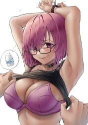 1boy 1girls armpits arms_up assisted_exposure bra breasts choker fate/grand_order fate_(series) female glasses happy_female harris_hero large_breasts lifted_by_another mash_kyrielight purple_bra purple_hair restrained shirt_lift short_hair