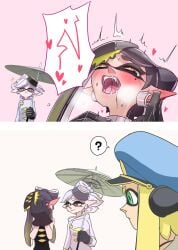 3girls ? absurdres agent_3_(splatoon) aqua_eyes black_gloves blonde_hair blue_headwear blush brown_eyes callie_(alterna) callie_(splatoon) captain_(splatoon_3) caught closed_mouth cousins covering_face cross-shaped_pupils ear_blush earrings embarrassed fangs female_masturbation female_orgasm furrowed_brow gloves gradient_hair green_umbrella grey_hair hat highres holding holding_umbrella inkling inkling_girl irohasu_(csah8525) jewelry long_hair looking_at_another marie_(alterna) marie_(splatoon) masturbation mole mole_under_eye multicolored_hair multiple_girls notice_lines oil-paper_umbrella open_mouth orgasm peaked_cap pointy_ears rubbing_ears short_hair smile speech_bubble splatoon splatoon_(series) splatoon_3 splatoon_3:_return_of_the_mammalians split_mouth spoken_question_mark squidbeak_splatoon suction_cups teeth tentacle_hair two-tone_hair umbrella