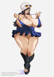 1girls big_breasts black_hair blue_eyes boots breasts bunkwizard dress dressrosa female female_focus female_only hat huge_breasts large_breasts massive_breasts nico_robin one_piece panties post-timeskip post_timeskip shiny_skin shounen_jump solo solo_female solo_focus standing sunglasses sunglasses_on_head sweat sweatdrop thick_thighs thunder_thighs venus_body voluptuous white_background wide_hips