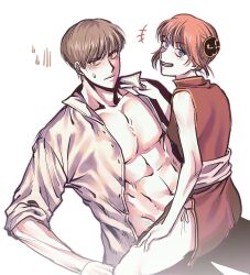 1boy 1girls abs assisted_exposure blue_eyes blush brown_hair bun_cover china_dress chinese_clothes double_bun embarrassed female gintama hair_ornament kagura_(gintama) looking_at_viewer looking_away looking_back male muscular_male okita_sougo open_shirt orange_hair pale_skin pecs side_slit sitting_on_lap sitting_on_person sleeveless smile sweatdrop toned_male undressing undressing_another wholesome