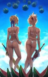 2022 2girls artoria_pendragon ass ass_cleavage ass_focus bikini blonde blonde_female blonde_hair blonde_hair_female braid braided_hair bubble_butt butt_crack facing_forward fate/grand_order fate/stay_night fate_(series) female female_ass female_only full_body highleg highleg_bikini highleg_bikini_bottom highleg_swimsuit highleg_thong holding_object large_ass light-skinned_female light_skin mordred_(fate) mother_and_daughter outdoors parent_and_child ponytail saber side-tie_bikini side-tie_bikini_bottom slim_waist swimsuit sword thighs thighs_together thong thong_bikini thong_swimsuit tomboy tonee watermelon weapon white_bikini white_swimsuit