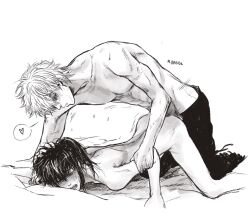 2boys aged_down anal anal_sex arm_grab ass_up blush doggy_style face_down_ass_up from_behind gay gintama gintoki_sakata hair_grab hand_on_another's_head head_grab hijikata_toshiro implied_anal male male_only marrbl monochrome nude nude_male older_dom_younger_sub older_penetrating_younger on_bed open_mouth pinned_down spoken_heart topless_male yaoi