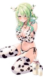 arms_crossed arms_crossed_under_breasts bell_collar bikini bikini_bottom bikini_top blush ceres_fauna covering_breasts cow_print cow_tag cowbell cowkini embarrassed fingerless_gloves flowers_in_hair green_hair hololive hololive_english hololive_english_-council- hololive_english_-promise- horns long_gloves milk_bottle nail_polish single_braid sitting thighhighs virtual_youtuber white_background yellow_eyes