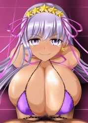 animated animated_gif bb_(fate) bb_(swimsuit_mooncancer) bikini bouncing_breasts cleavage clothed_paizuri dark-skinned_female dark_skin engulfing_paizuri fate/extra_ccc fate/grand_order fate_(series) gif juno_(pixiv32541104) large_breasts looking_at_viewer nipples_visible_through_clothing paizuri perpendicular_paizuri pov ribbon shiny_skin skindentation smile smirk smug smug_grin sweat sweatdrop sweaty_breasts swimsuit tan-skinned_female tan_skin tip_peeking wet_cleavage