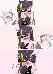 2girls absurdres bare_shoulders black_gloves black_hair blush breasts brown_eyes callie_(alterna) callie_(splatoon) closed_eyes cousins cross-shaped_pupils ear_blush earrings female female_masturbation female_only furrowed_brow gloves gradient_hair green_hair groping heart highres irohasu_(csah8525) jewelry marie_(alterna) marie_(splatoon) masturbation mole mole_under_eye multicolored_hair multiple_girls neck_ring open_mouth pointy_ears rubbing_ears small_breasts speech_bubble splatoon splatoon_(series) splatoon_3 splatoon_3:_return_of_the_mammalians spoken_heart teeth tentacle_hair thought_bubble two-tone_hair