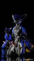 3d 3d_(artwork) animal_genitalia animal_genitals animal_penis anthro anthro_only arms_behind_back blender_(software) blue_hair canid canine canine_genitalia canine_genitals canine_penis cum cum_drip cum_everywhere cum_in_mouth cum_on_face fur furry furry_only grey_fur grey_markings jex jexouium knot looking_at_viewer male male_only omgitzsqueakers open_mouth penis pink_penis render rexouium vr_media yellow_markings