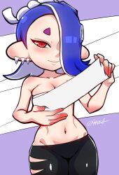 94usa bandages blue_hair cephalopod_humanoid midriff navel octoling red_eyes shark_tooth shiver_(splatoon) solo splatoon splatoon_3 tentacle_hair toned_female usa_(dai9c_carnival)