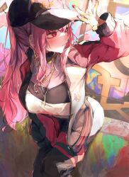 background big_breasts blush breasts detailed_background hololive hololive_english hololive_myth holomyth long_hair mori_calliope pink_hair ponytail red_eyes tagme virtual_youtuber vtuber yukirei