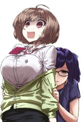 2girls a-chan_(hololive) blue_hair breasts brown_hair female_only glasses haraya harusaki_nodoka hololive hololive_staff nodoka_harusaki shirt tagme undressing virtual_youtuber yuri