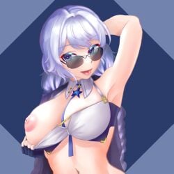 1girls avrora_(azur_lane) avrora_(not_cut_out_for_this?)_(azur_lane) azur_lane female female_only large_breasts light-skinned_female light_skin looking_over_eyewear looking_over_glasses looking_over_sunglasses northern_parliament_(azur_lane) solo sunglasses tinted_eyewear tongue_out