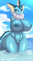 2022 absurd_res anthro anthrofied areola big_breasts blue_body blue_nipples breasts curvy_figure digital_media_(artwork) eeveelution female generation_1_pokemon genitals hi_res hourglass_figure huge_breasts huge_thighs looking_at_viewer marine misx nintendo nipples nude pinup pokemon pokemon_(species) pose presenting pussy sea solo thick_thighs vaporeon video_games water wide_hips