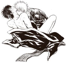 2boys blush gay gintama gintoki_sakata hand_on_another's_head hijikata_toshiro implied_sex kimono kissing_neck licking_neck male male_only marrbl monochrome neck_kiss neck_lick nuzzling off_shoulder open_clothes open_kimono spread_legs yaoi