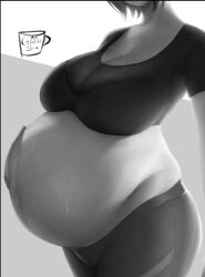 1girls big_breasts breasts coffeeslice female female_only huge_belly large_breasts monochrome pregnant ready_to_pop solo sweat