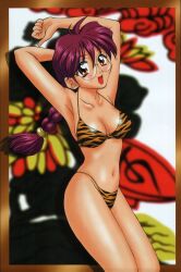 1girls animal_costume animal_print armpits arms_behind_head big_breasts bikini braid breasts brown_eyes busty cleavage female female_only glasses highres large_breasts legs medium_breasts momoya_show-neko navel open_mouth pose purple_hair ri_kohran sakura_taisen sakura_wars scan sega sensual smile swimsuit thighs tiger tiger_costume tiger_print twin_braids yellow_bikini