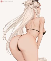 ass back bangs bare_shoulders bikini black_bikini breasts cowboy_shot female genshin_impact large_breasts long_hair looking_at_viewer lsls ningguang_(genshin_impact) patreon_logo patreon_username red_eyes solo swimsuit tan_background thighs very_long_hair white_hair