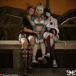 3girls au_ra bench black_hair blonde_hair brown_eyes cat_ears cat_eyes cat_tail catgirl day dragon_girl dragon_horns dragon_tail eorzean_erotica feet female female_only final_fantasy final_fantasy_xi final_fantasy_xiv gloves grin horns light-skinned_female light_skin lizard_girl lizard_tail miqo'te mithra outdoors outside peace_sign raen red_hair sandals seeker_of_the_sun shisui_gear sitting smile smirk sprout sunlight tail toes two_tone_hair