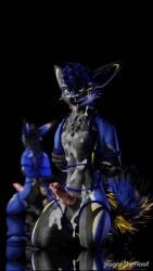 3d 3d_(artwork) animal_genitalia animal_genitals animal_penis anthro anthro_only arms_behind_back blender_(software) blue_hair canid canine canine_genitalia canine_genitals canine_penis cum cum_drip cum_everywhere cum_in_mouth cum_on_face fur furry furry_only grey_fur grey_markings jex jexouium knot looking_at_viewer male male_only omgitzsqueakers open_mouth penis pink_penis render rexouium vr_media yellow_markings