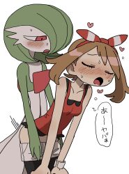 1boy 1girls 2022 absurd_res ambiguous_penetration ass blush bodily_fluids bottomwear closed_eyes clothed clothed_sex clothing duo female female_on_anthro female_on_humanoid female_penetrated femboy_on_female from_behind_position gardevoir generation_3_pokemon half-closed_eyes heart hi_res human human_penetrated humanoid humanoid_on_human humanoid_penetrating humanoid_penetrating_human interspecies japanese_text male male/female male_gardevoir male_penetrating male_penetrating_female male_pokemon/female_human mammal may_(pokemon) may_(pokemon_oras) narrowed_eyes nintendo not_furry open_mouth partially_clothed pokémon_trainer pokemon pokemon_(species) pokemon_oras pokephilia red_eyes semi sex she_tikin shorts shorts_down simple_background standing standing_sex text video_games white_background