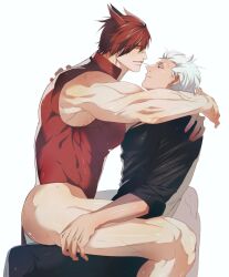 2boys animal_ears bara bottomless chinese_clothes embrace facial_scar gay league_of_legends looking_at_another male male_only muscular muscular_male original_character red_hair ryub sett sitting sitting_on_lap sitting_on_person sleeveless_shirt smile tight_clothing toothpick yaoi