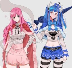 2girls black_eyes blue_hair blush bow bowtie cape crown cute female female_only ghost hand_on_hip heart holding holding_object horn joman leggings long_hair looking_at_viewer mask navel one_piece parasol perona pink_hair red_eyes saram_80 skirt smaller_female taller_female thin_waist ulti_(one_piece) umbrella watermark