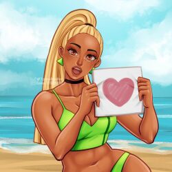 1girls 2022 2d 2d_(artwork) abs amber_eyes beach blonde_hair cleavage clothing drawing earring earrings female_only fit_female fortnite green_swimsuit happy holding_object kyra_(fortnite) long_hair looking_at_viewer partially_clothed ponytail smile swimsuit tagme tan_body tyrana video_games voluptuous watermark