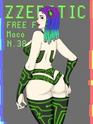 2022 artist_name ass ass_grab big_ass big_breasts black_panties blue_hair braid breast_grab breast_squeeze breasts clothing dat_ass female female_only free_fire garena gloves green_hair hand_on_ass huge_breasts legs light lingerie looking_at_viewer looking_back moco_(free_fire) multicolored_hair panties purple_eyes purple_hair purple_lipstick solo solo_female squeezing thighhighs tight_clothing voluptuous white_skin zzerotic