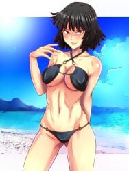 1girls ass ass_visible_through_thighs bangs beach belly belly_button big_breasts bikini bikini_bottom bikini_top blue_sky bob_cut body_blush breasts busty cleavage curvaceous curvy curvy_body curvy_female curvy_figure dark_green_hair eye_contact eyelashes female female_focus female_only fringe front_view fubuki_(one-punch_man) green_eyes green_hair highres hips hourglass_figure legs light-skinned_female light_skin lips lipstick looking_at_viewer medium_hair midriff navel nike_(0306) ocean one-punch_man pink_lips pink_lipstick sand sea shiny_skin short_hair slim slim_waist smile smiling smiling_at_viewer smirk solo solo_female solo_focus standing stomach sun thighs thin_waist toned toned_body toned_female toned_stomach voluptuous waist wide_hips