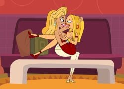 accurate_art_style blaineley_(tdi) blonde_hair couch exposed_breasts french_kiss french_kissing kelly_(tdi) kissing milf pennsatucky saliva smile the_ridonculous_race tongue_kiss total_drama:_world_tour total_drama_island yuri