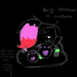 announcer_(bfdi) battle_for_dream_island bean_bag black_background feet female freckles machine object_shows paws remote_(bfdi) robot scene_hair simple_background sitting sitting_on_bean_bag solo solo_female text