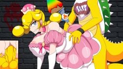 1boy 1girls aged_up bandana belly_bulge big_breasts blonde_hair blue_eyes bow bowser_jr. breasts choker cleavage doggy_style dress earrings elbow_gloves exposed_shoulders eyebrows_visible_through_hair femsub gloves huge_breasts light-skinned_female light_skin maledom mario_(series) new_super_mario_bros._u_deluxe nintendo peachette pigtails rape super_crown super_mario_bros. tears thighhighs toadette twintails vaginal_penetration xml_xrossover(artist)