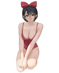 1girls bangs big_bow big_breasts black_hair bow breasts cleavage eyebrows_visible_through_hair female female_only glasses kneeling large_breasts lips looking_at_viewer looking_over_glasses mole mole_under_mouth on_knees one-piece_swimsuit open_mouth parted_lips red_bow red_lipstick rinotuna short_hair solo tiptoes