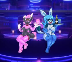 2022 absurd_res afc alcohol annyglaceon_(mintyspirit) anthro ass beverage big_breasts big_butt blue_clothing blue_eyes blue_hair blue_legwear blue_sclera blue_stockings bow_tie breasts champagne clothing condom digital_media_(artwork) duo eeveelution fake_ears fake_rabbit_ears feet female generation_4_pokemon generation_5_pokemon glaceon glass hair hi_res legwear looking_at_viewer mintyspirit nightclub nintendo nipple_tape open_mouth pasties penetrable_sex_toy pink_hair pink_stockings pokemon pokemon_(species) sex_toy sexual_barrier_device sitting smile stockings tape thick_thighs vibrator video_games wide_hips zabrina_(afc) zorua