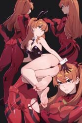 1girls asuka_langley_sohryu barefoot bubble_ass bubble_butt bunny_ears bunnysuit dnaitari feet foot_fetish latex neon_genesis_evangelion soles solo solo_female solo_focus suit tight_clothing toes