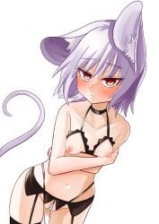 absurdres animal_ear_fluff animal_ears bangs black_bra black_panties black_thighhighs blush bra breasts closed_mouth commentary_request cowboy_shot crotch_cutout cupless_bra expressionless female garter_belt ginger_ale_(syouga_6383) grey_hair hair_between_eyes highres looking_at_viewer mouse_ears mouse_girl mouse_tail nazrin nipples panties pearl_thong red_eyes short_hair simple_background small_breasts solo tail thighhighs touhou underwear underwear_only white_background