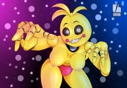 1girls bass1l10 big_breasts black_background blush female five_nights_at_freddy's five_nights_at_freddy's_2 looking_at_viewer nipples pink_panties sharp_teeth smile solo thick_thighs toy_chica_(fnaf) toy_chica_(love_taste) yellow_skin