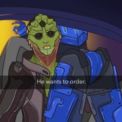 2boys ass ass_focus ass_up big_ass bubble_ass bubble_butt clothing garrus_vakarian he_wants_to_order mass_effect meme selfie snapchat thane_krios tight_clothing